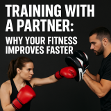 A female boxer throws a punch toward mitts held by her training partner, demonstrating the benefits of partner workouts for improving fitness and boxing skills.