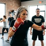 A focused middle-aged woman with grey hair wearing red boxing gloves and hand wraps, practicing a cross punch on a heavy bag during a Boxing Basics class at Anointed Hands Boxing in Slidell. An expert coach in a branded gym shirt observes her form in the background.